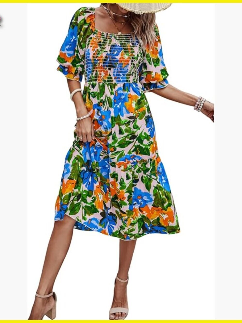 Boho Floral Midi Dress Puff Sleeve Square Neck A-Line Smocked Summer Casual